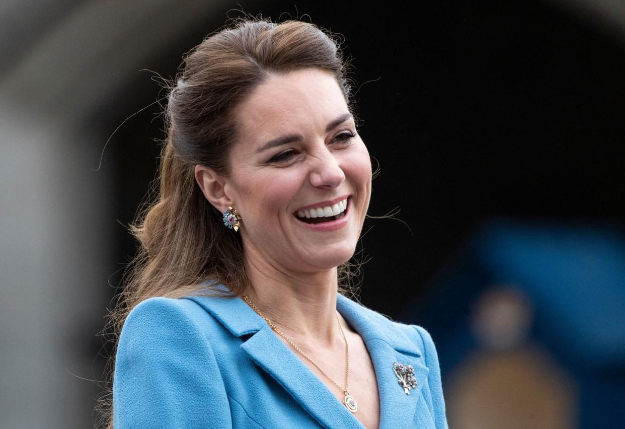 Britain's Catherine, Duchess of Cambridge attends a Beating Retreat by The Massed Pipes and Drums of the Combined Cadet Force in Scotland at the Palace of Holyroodhouse in Edinburgh, Scotland on May 27, 2021, the final day of their week-long visit to the country. (Photo by Jane Barlow / POOL / AFP) (Photo by JANE BARLOW/POOL/AFP via Getty Images)