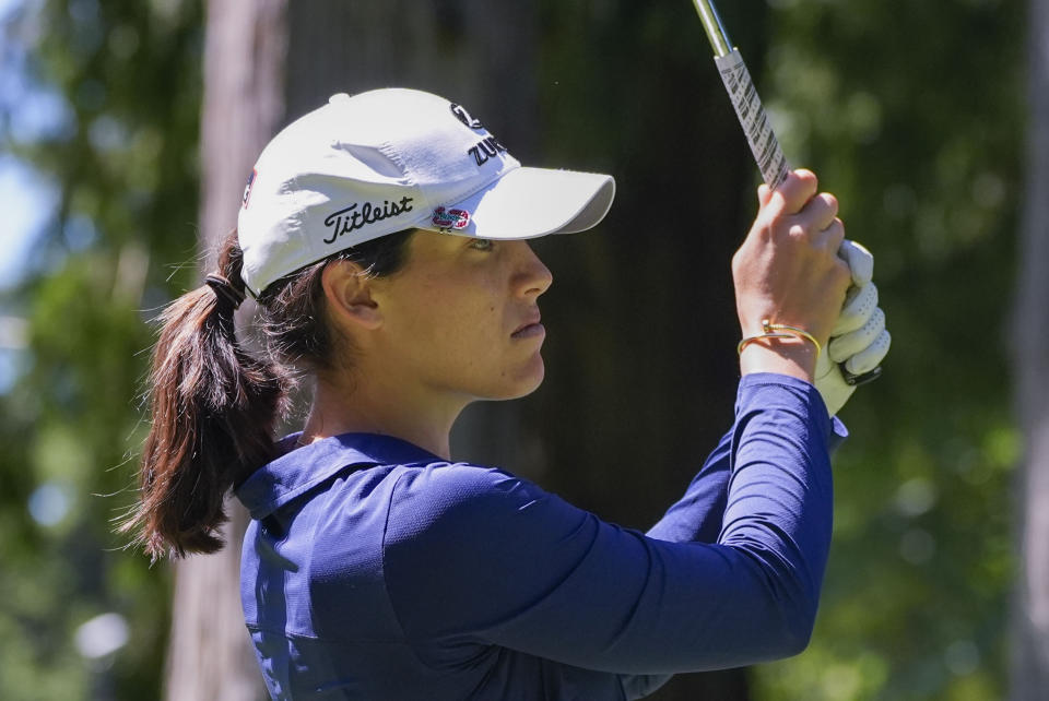 Albane Valenzuela, of Switzerland, hits off the ninth tee during a practice round for the Womens PGA Championship golf tournament at Sahalee Country Club, Wednesday, June 19, 2024, in Sammamish, Wash. (AP Photo/Gerald Herbert)