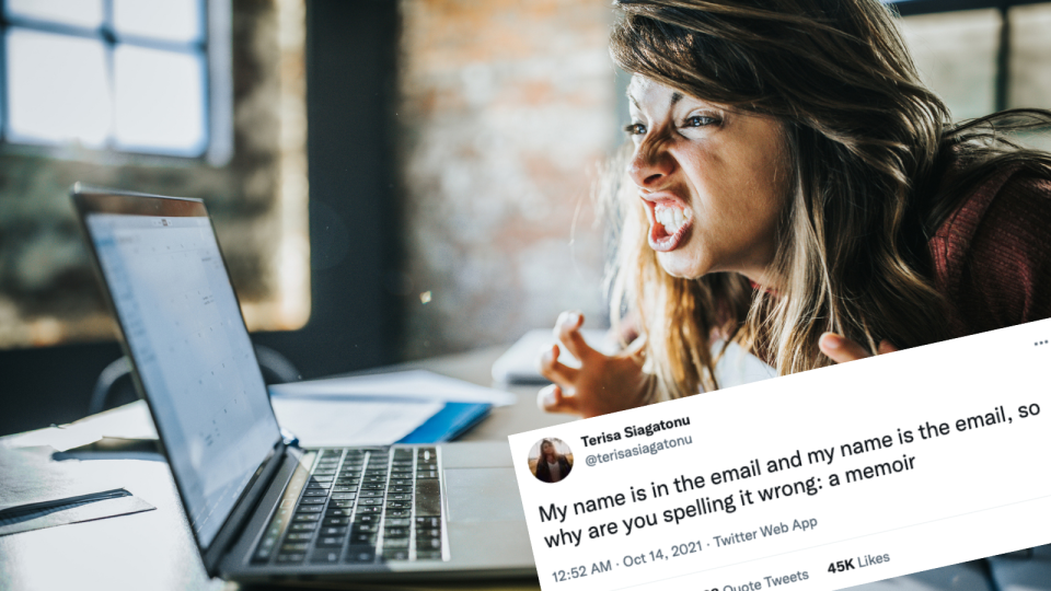 Image of woman frustrated, yelling at laptop, screenshot of tweet