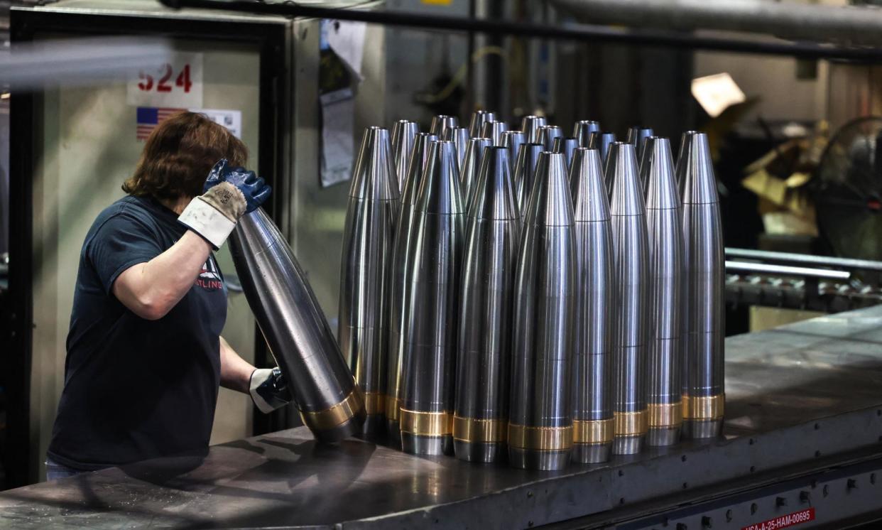 <span>US 155mm caliber shells at the Scranton army ammunition plant in Pennsylvania last month.</span><span>Photograph: Charly Triballeau/AFP/Getty Images</span>