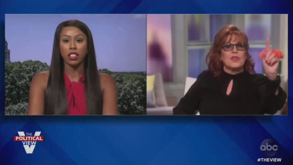 Kim Klacik (left) and Joy Behar (right) appear on screen in a Friday, Sept. 18 episode on ABC’s “The View.”