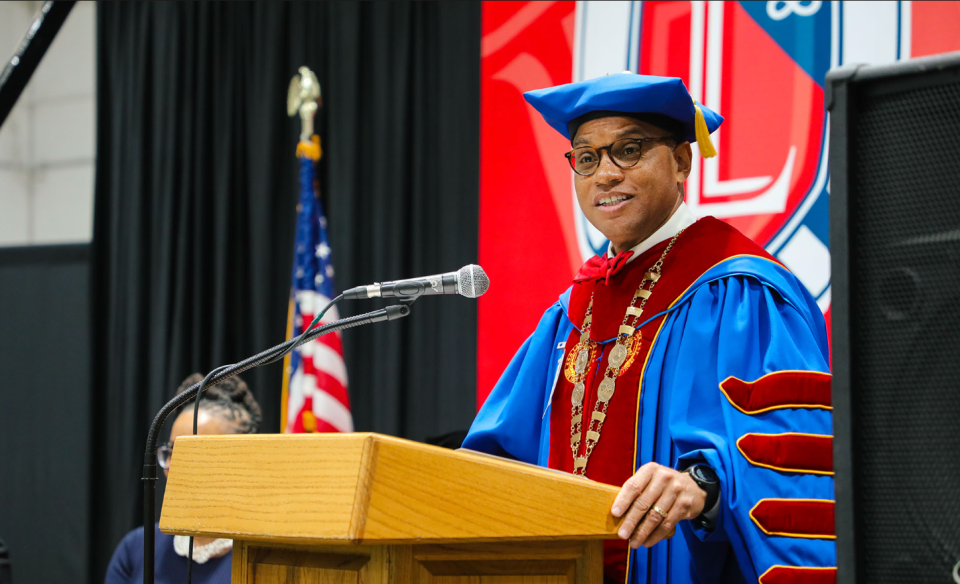 Lane College President Dr. Logan Hampton speaks at the graduation ceremony of Northwest Correctional Complex inmates on November 2, 2023 in Tiptonville, TN.