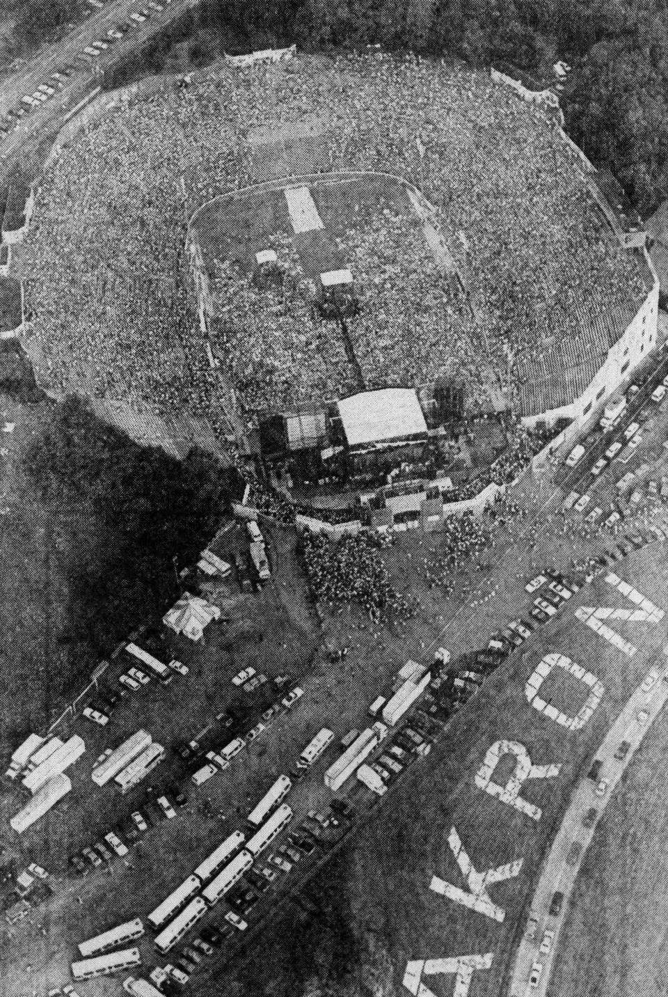 Nearly 40,000 people converge on the Rubber Bowl for the Simon & Garfunkel concert in 1983 in Akron.
