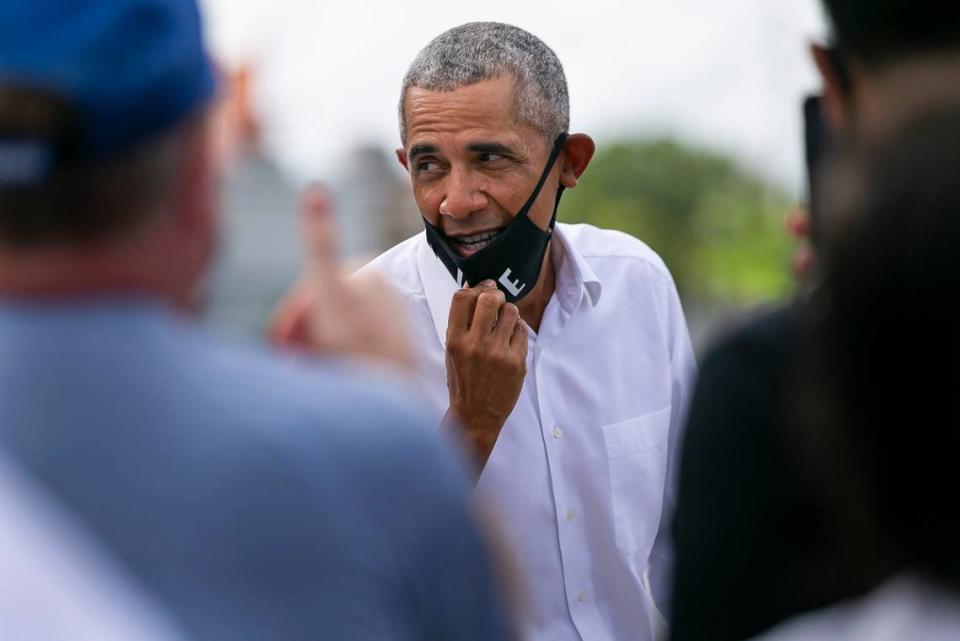 Former President Barack Obama speaks to Joe Biden field organizers during a surprise stop in Miami Springs, Florida on Saturday, October 24, 2020.