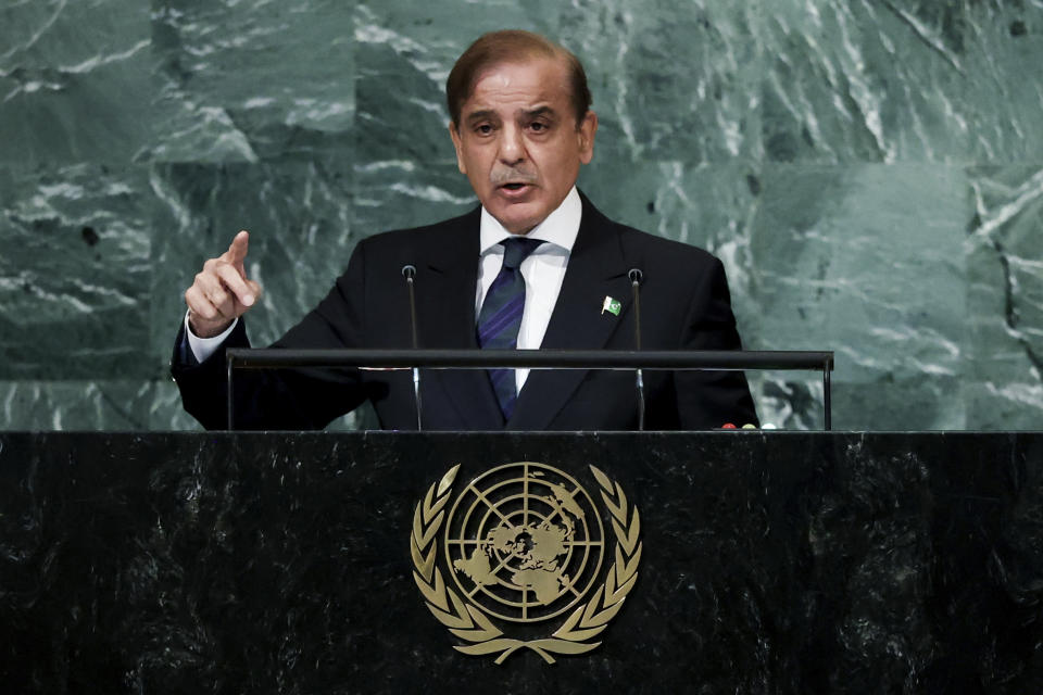 Prime Minister of Pakistan Muhammad Shehbaz Sharif addresses the 77th session of the United Nations General Assembly, Friday, Sept. 23, 2022, at the U.N. headquarters. (AP Photo/Julia Nikhinson)