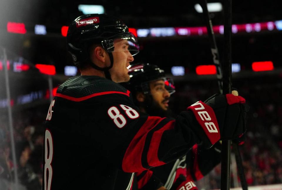 Feb 8, 2024; Raleigh, North Carolina, USA; Carolina Hurricanes center Martin Necas (88) scores a goal against the Colorado Avalanche during the first period at PNC Arena. Mandatory Credit: James Guillory-USA TODAY Sports James Guillory/James Guillory-USA TODAY Sports