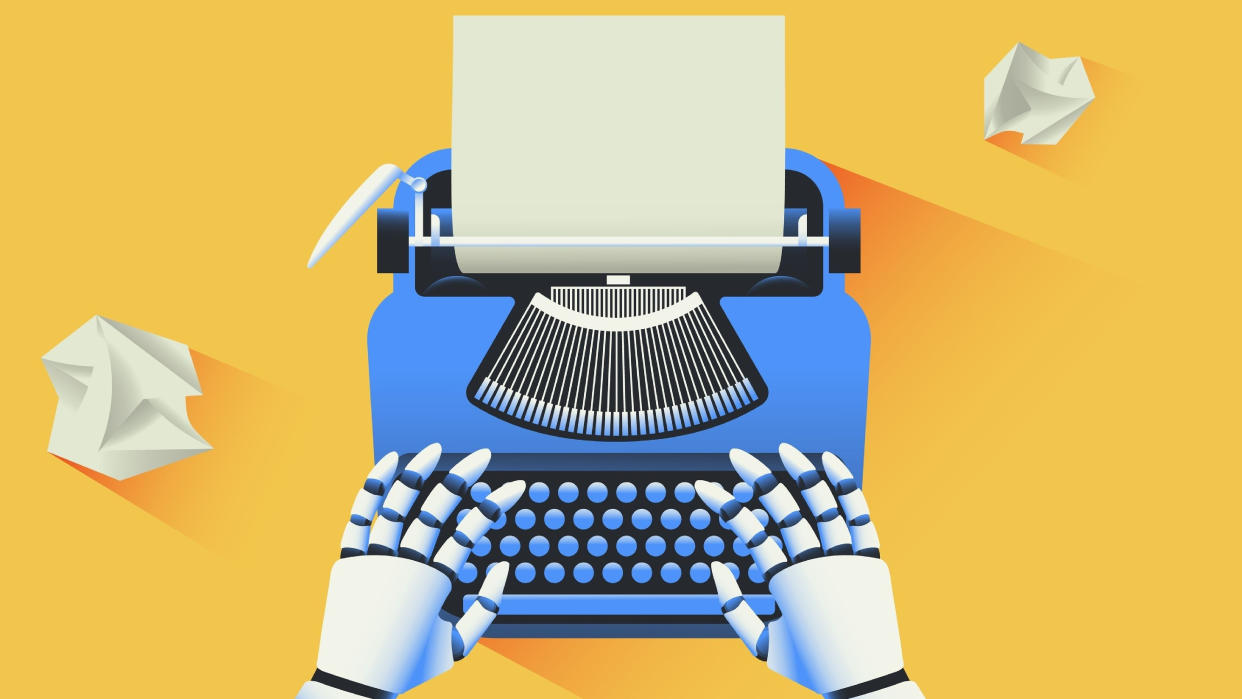  Robot typing text on a typewriter. Artificial intelligence generated text and future of journalism concept. Vector illustration. 