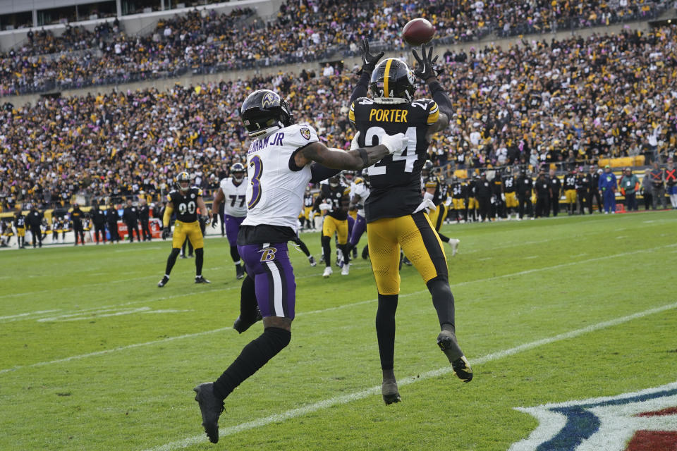 Pittsburgh Steelers cornerback Joey Porter Jr. (24) intercepts a pass intended for Baltimore Ravens wide receiver Odell Beckham Jr. (3) in the second half of an NFL football game in Pittsburgh, Sunday, Oct. 8, 2023. (AP Photo/Matt Freed)