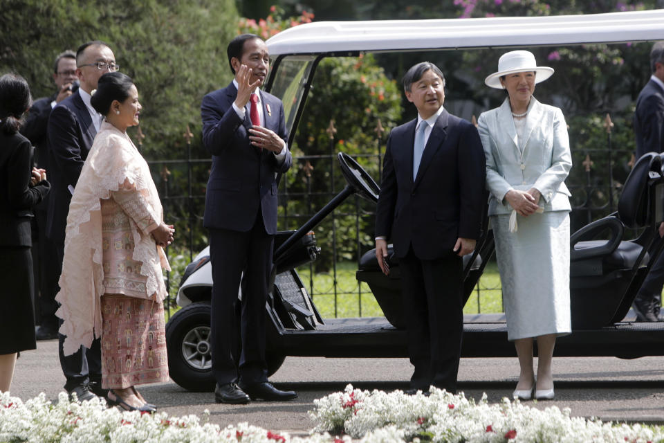 Indonesian President Joko Widodo, center left, and his wife Iriana, left, talk with Japan's Emperor Naruhito, second right, and Empress Masako during their meeting at Bogor Palace in Bogor, West Java, Indonesia, Monday, June 19, 2023. (Adi Weda/Pool Photo via AP)