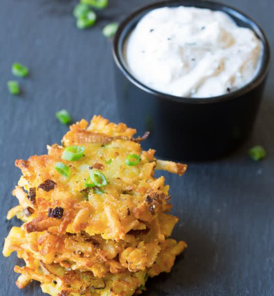 <strong>Get the <a href="http://www.aspicyperspective.com/potato-latkes-dill-sauce/">Potato Latkes With Jalapeno Dill Sauce recipe</a>&nbsp;from A Spicy Perspective</strong>