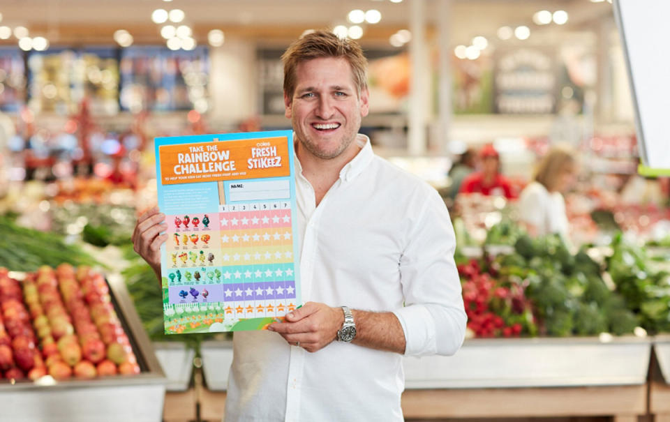 Curtis Stone has assisted in creating the Rainbow Challenge, and developed some recipes which are intended to be easy for kids to prepare with their parents. Source: Coles