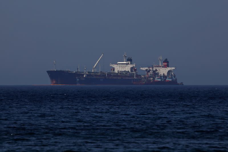 The Liberian-flagged oil tanker Ice Energy transfers crude oil from the Iranian-flagged oil tanker Lana (former Pegas) off the shore of Karystos