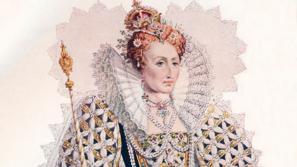 Queen Elizabeth I, who ruled England from 1558 until 1603, was known for her auburn hair — which some suggest was a specially selected wig. - Print Collector/Getty Images