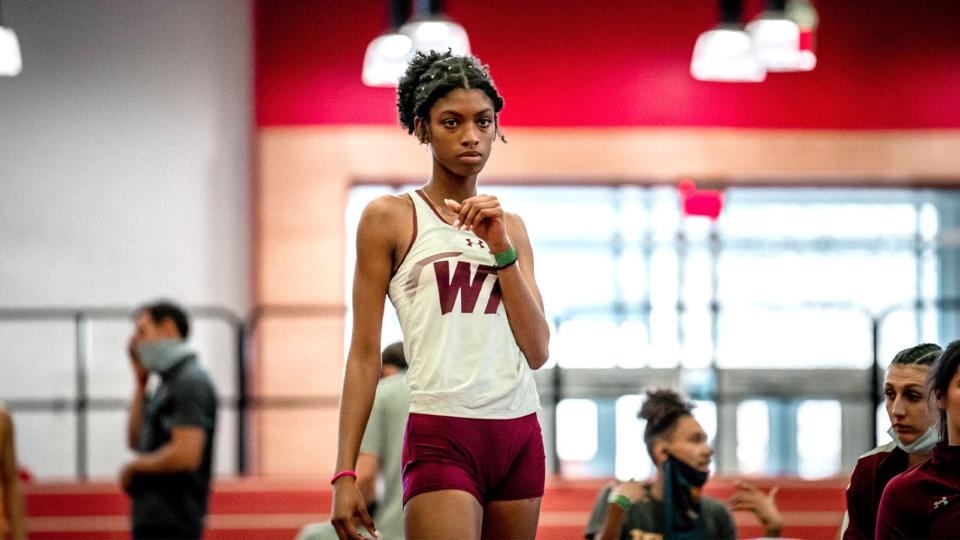 WT's Taylor Nelloms competes at the Lone Star Conference Championships. She is one of eight finalist qualifiers for WT at the 2022 NCAA DII Indoor Track and Field Championships.