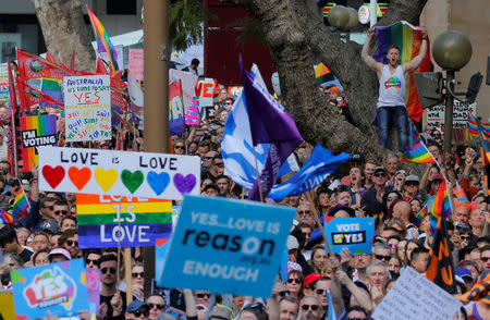 People attend a rally for marriage equality of same-sex couples in Sydney, Australia, September 10, 2017. REUTERS/Jason Reed