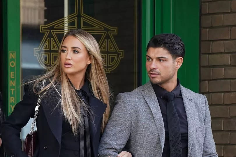Georgia Harrison and Anton Danyluk outside Chelmsford Crown Court, Essex, after the adjournment of a confiscation hearing for her former boyfriend, Stephen Bear