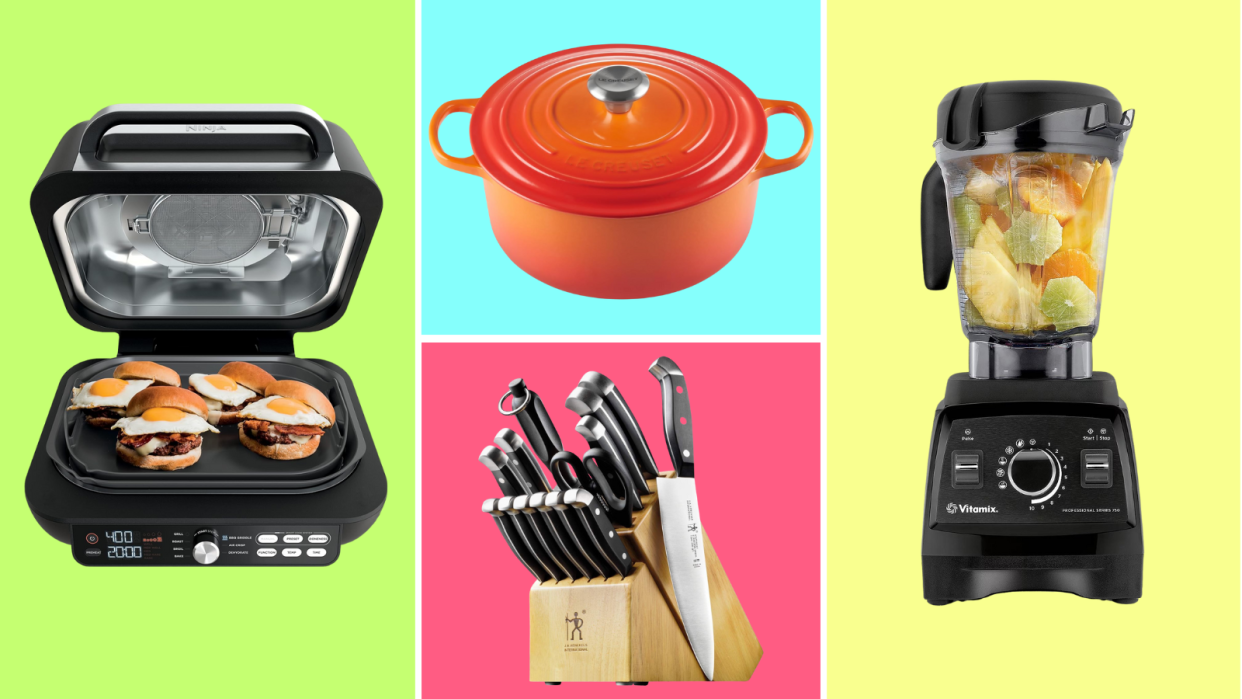 Memorial Day kitchen deals: Ninja indoor grill, Le Creuset Dutch oven, Henckels knife set, Vitamix blender, all on a colorful background