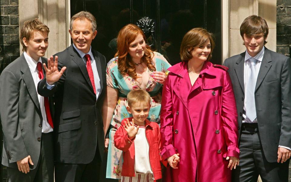 Farewell to Downing Street: Euan, Tony, Kathryn, Leo, Cherie and Nicky Blair in 2007 - AFP