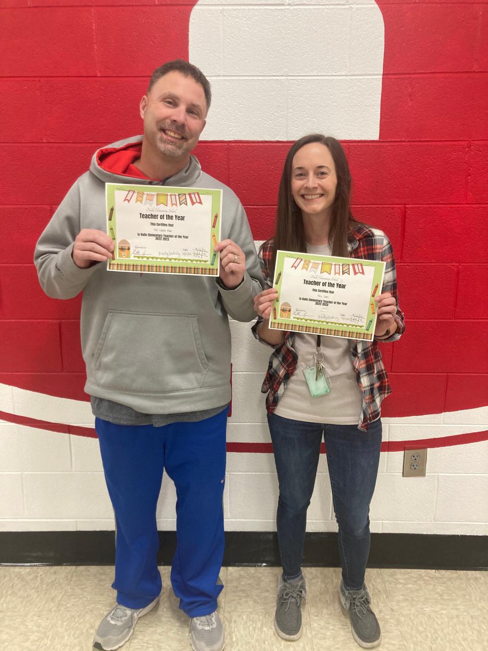 Michael Blair, Physical Education teacher, left, with Megan Sarr, Kindergarten teacher at Halls Elementary