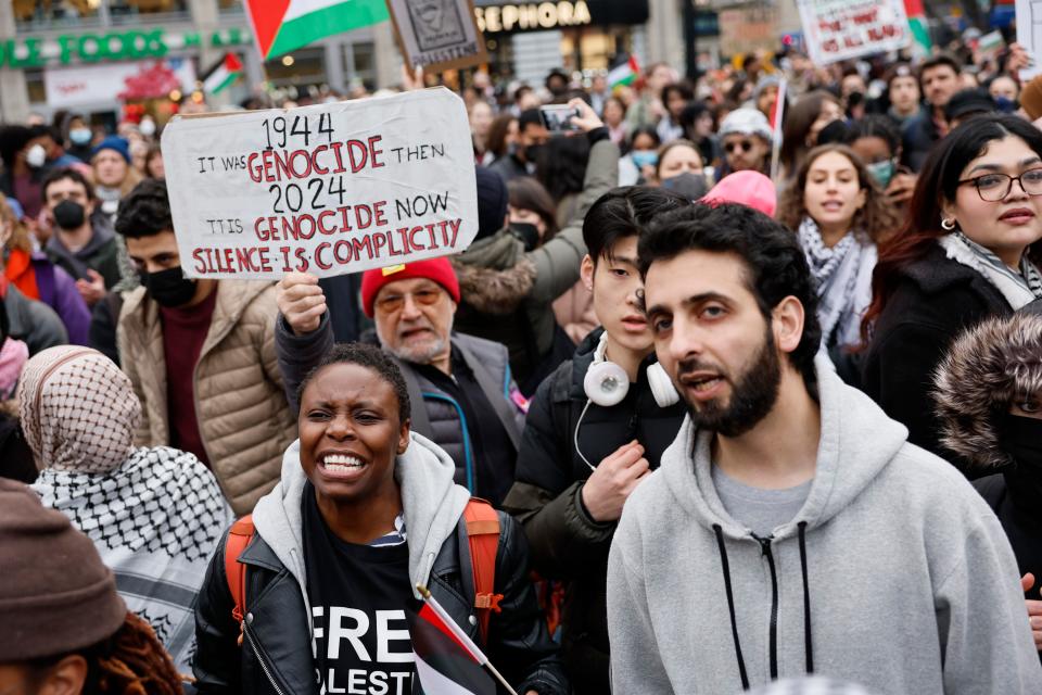 People gather for a rally calling on Israel to stop its Rafah invasion in Gaza at Union Square in New York on Feb,.12, 2024.