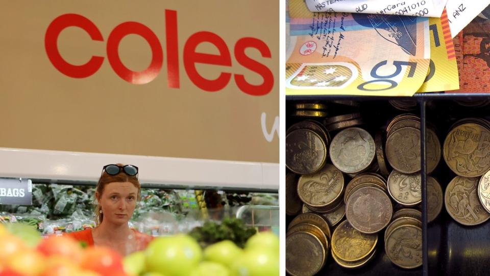 Coles supermarket woman shopper in front of apples and cash in cash register