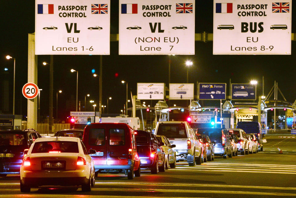 Passenger vehicles wait to check-in at the ferry port in Calais, France, as travel disruption continues into a third day after French fishermen blockaded the port during a strike over EU fishing quotas. 