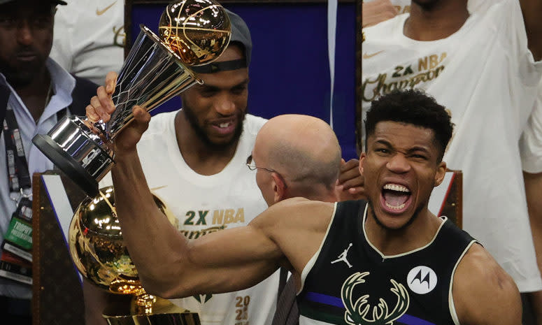 Giannis Antetokounmpo celebrates the NBA title.