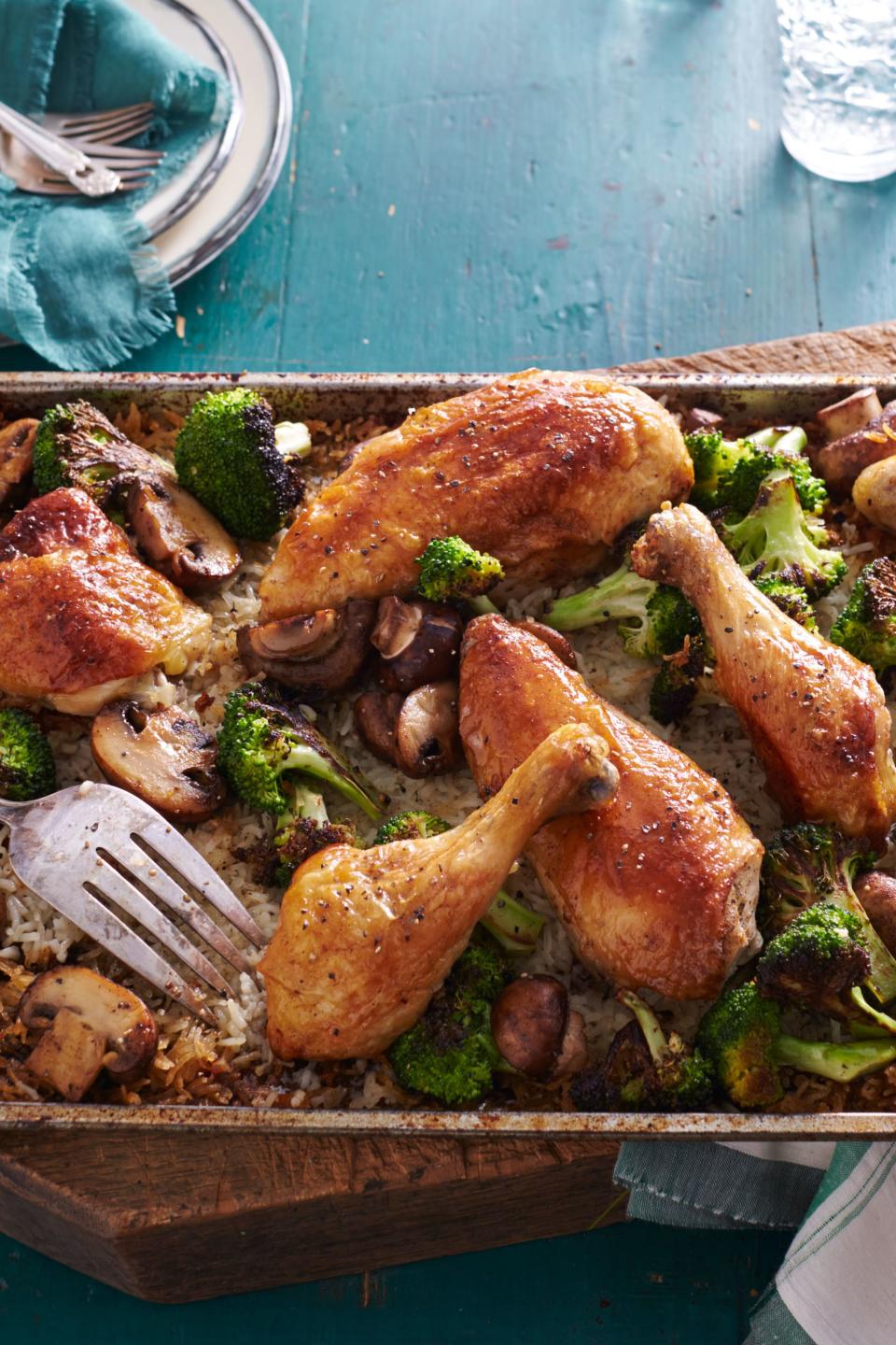 Simple Whole Chicken with Roasted Broccoli-Mushroom Rice