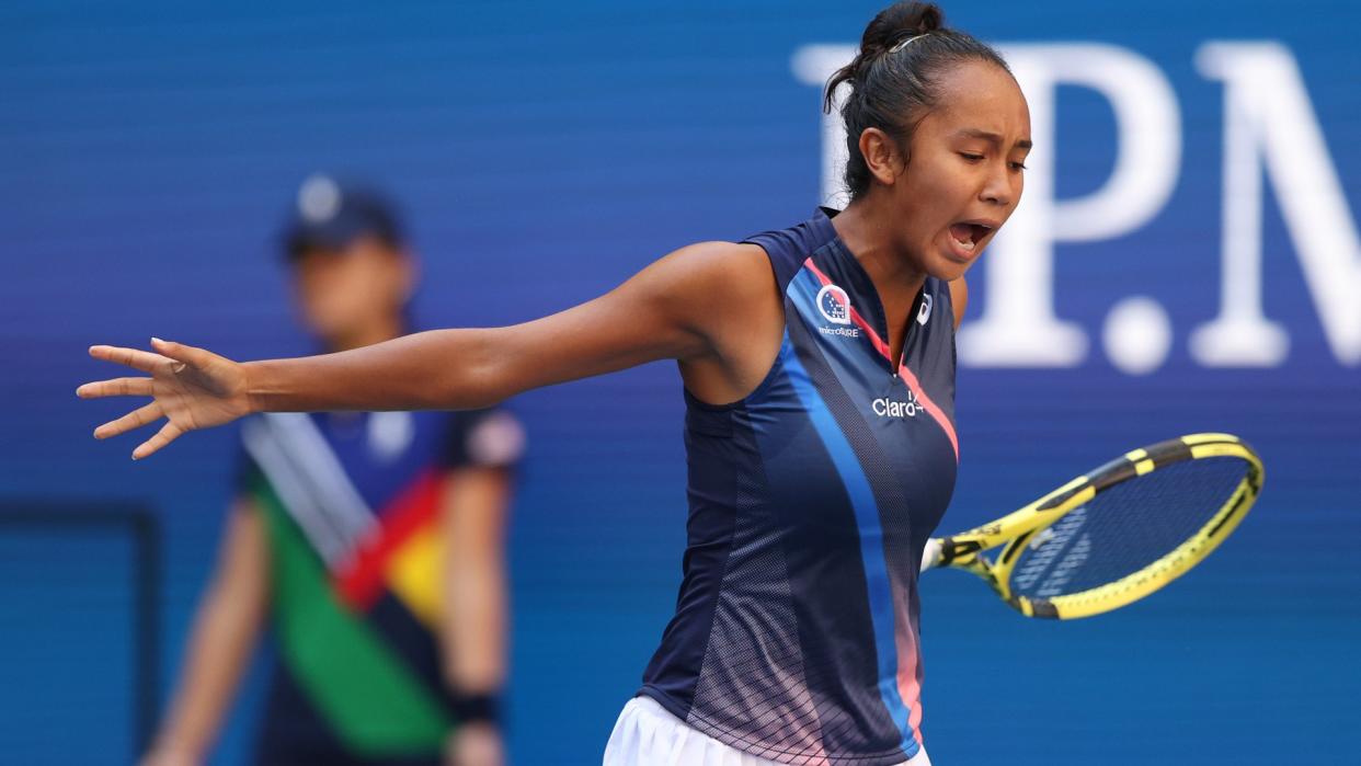 NEW YORK, NEW YORK - SEPTEMBER 07: Leylah Annie Fernandez of Canada reacts against Elina Svitolina of Ukraine during her Women's Singles quarterfinals match on Day Nine of the 2021 US Open at the USTA Billie Jean King National Tennis Center on September 07, 2021 in the Flushing neighbourhood of the Queens borough of New York City. (Photo by Elsa/Getty Images)