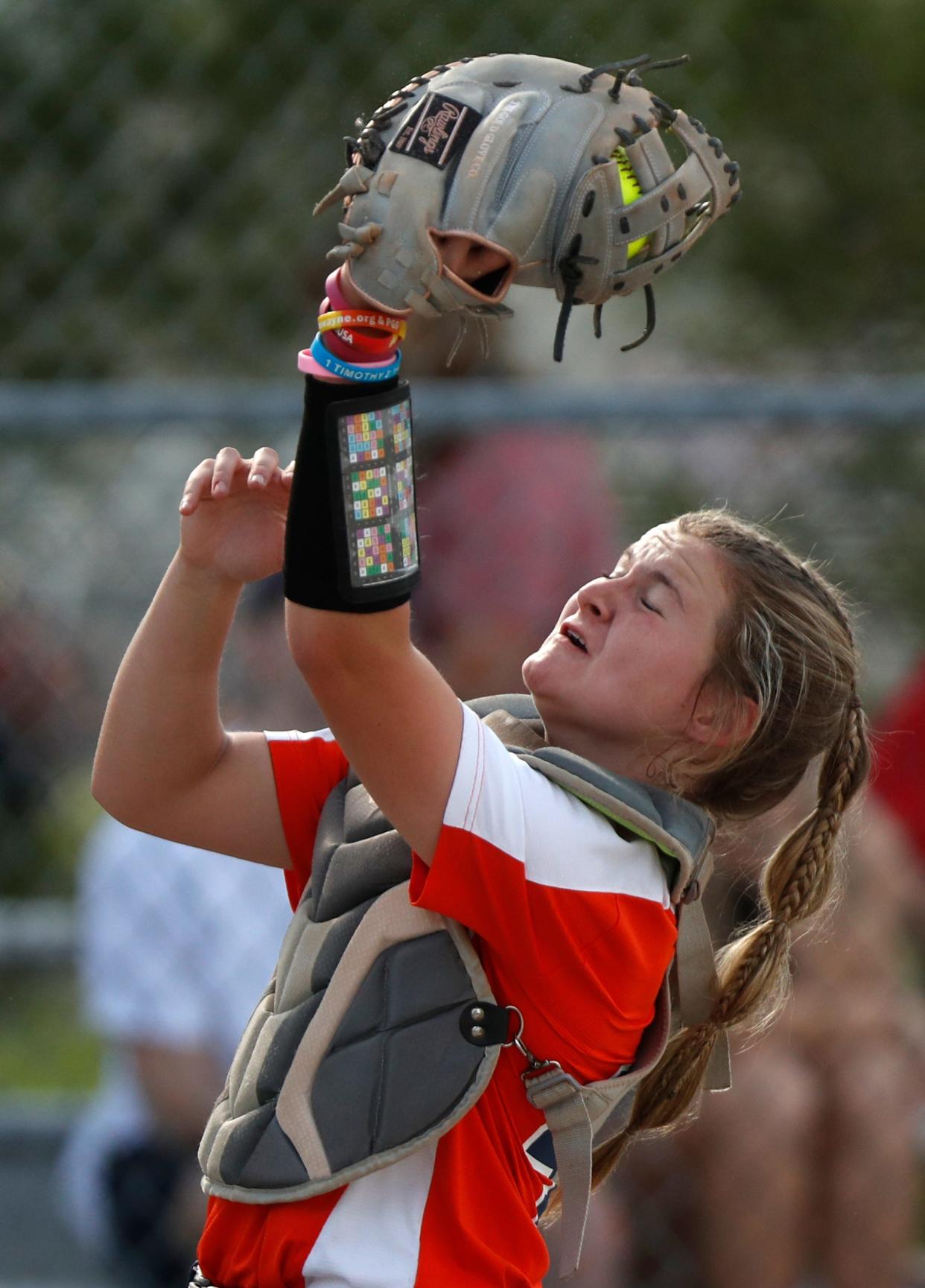 Harrison Raiders Ava Mobley (42) catches a fly ball during the IHSAA softball game against the West Lafayette Red Devils, Monday, May 8, 2023, at West Lafayette High School in West Lafayette, Ind. Harrison won 14-1.