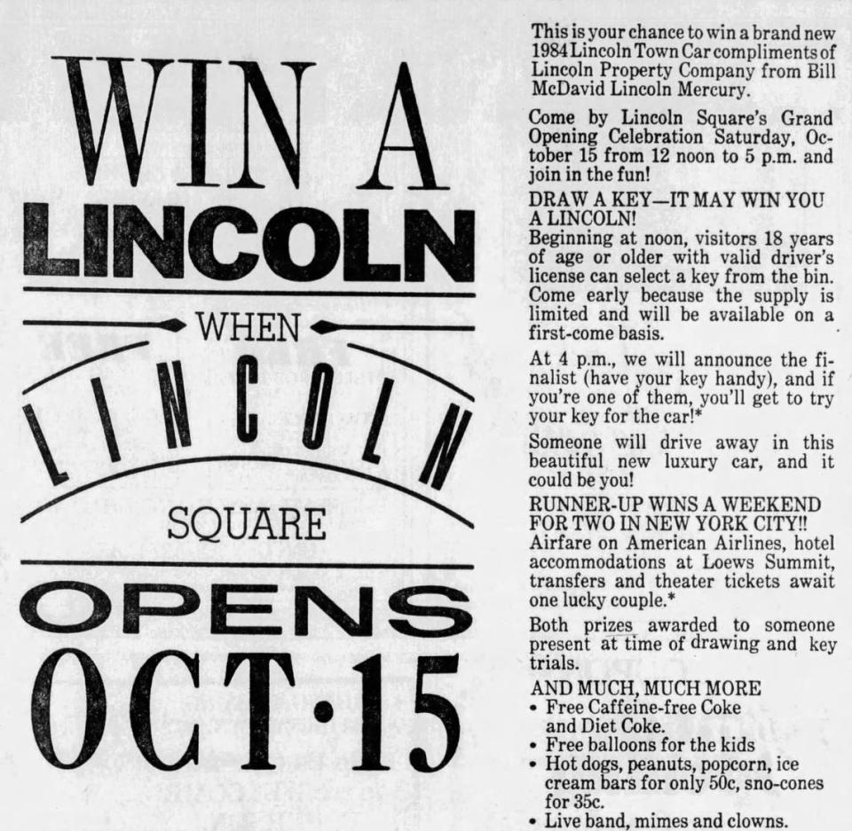 An ad in the Fort Worth Star-Telegram on Oct. 12, 1983, described the giveway of a 1984 Lincoln Town Car during the grand opening of Lincoln Square in Arlington. Star-Telegram
