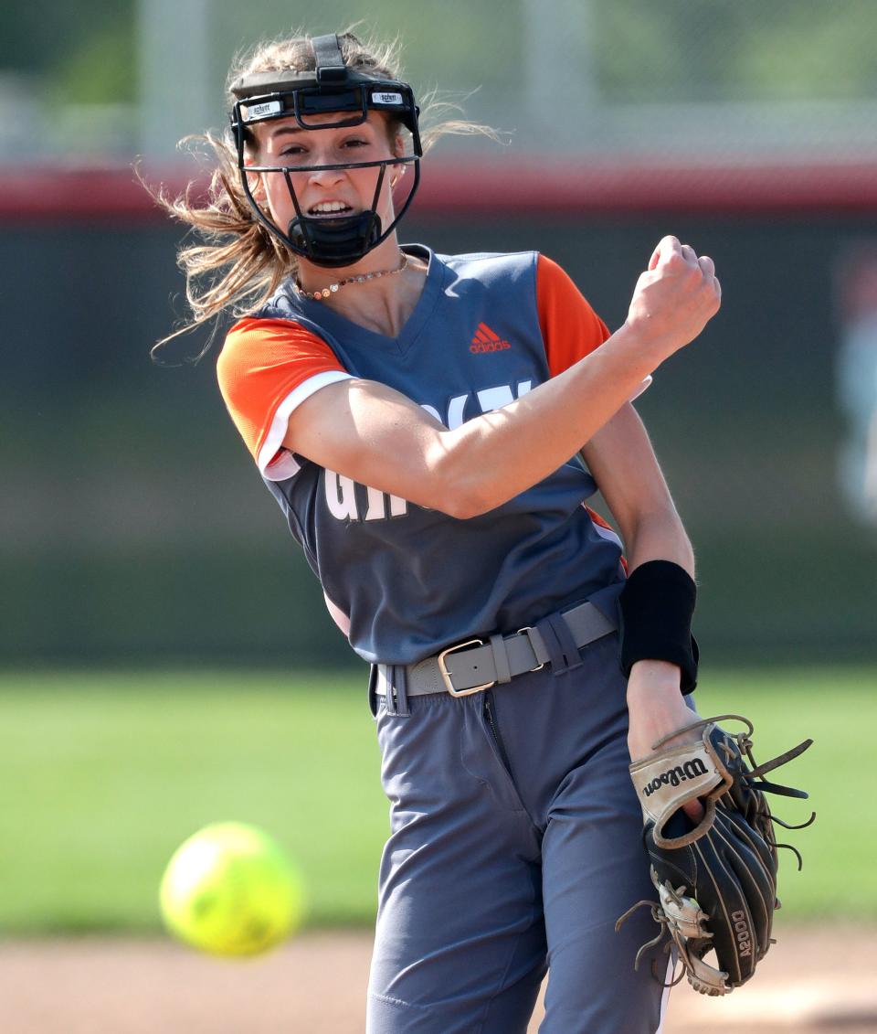 Karly Meredith pitches against Neenah during a game earlier this season. Meredith finished 26-0 this season for Kaukauna and helped the Ghosts win the WIAA Division 1 state championship for the third consecutive season.