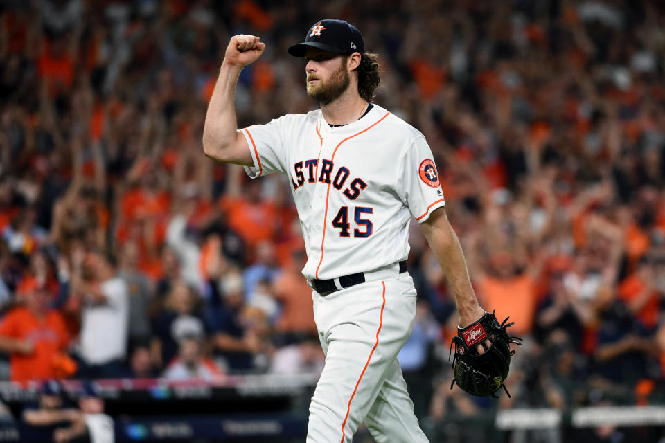 Gerrit Cole pitched the Astros into the ALCS with 10 strikeouts in Game 5 against the Rays. (Photo by Cooper Neill/MLB Photos via Getty Images)