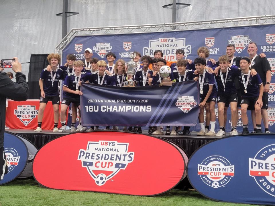 The York-based FC Ballyhoo 07 Black soccer team celebrates after winning the final of the U.S. Youth Soccer U16 National Presidents Cup in Wichita Tuesday.