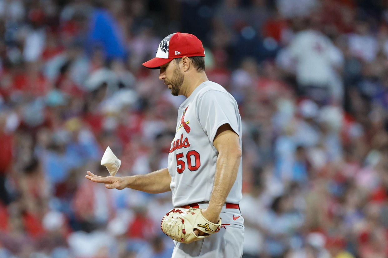 Adam Wainwright #50 of the St. Louis Cardinals looks on during the third inning of a baseball game against the Philadelphia Phillies  at Citizens Bank Park 