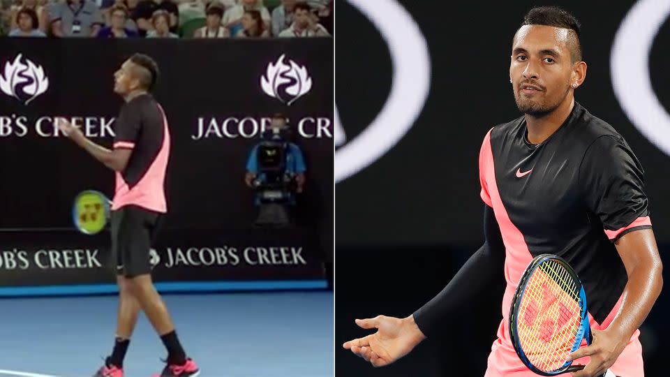 Kyrgios was perplexed by the foot fault calls. Pic: Ch7/Getty