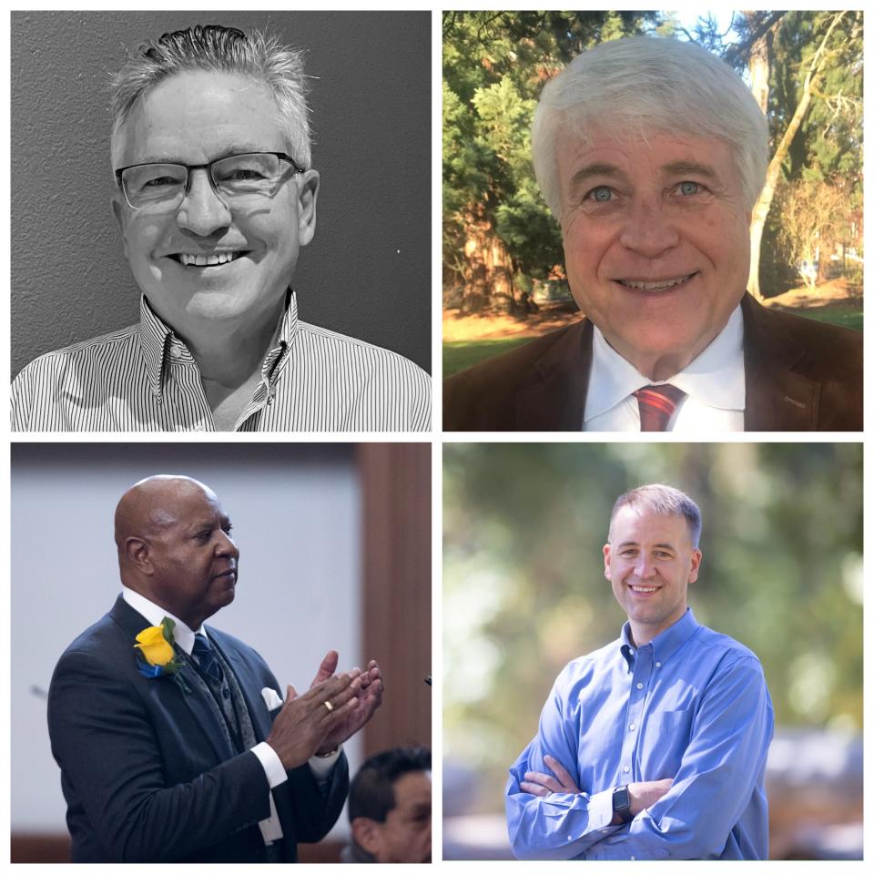 From top left moving clockwise, James Crary, Dave Stauffer, Tobias Read and James Manning Jr. are running in the Democratic primary for Oregon secretary of state.