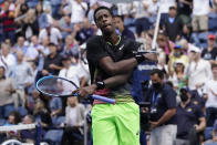 Gael Monfils, of France, reacts after defeating Steve Johnson, of the United States, during the second round of the US Open tennis championships, Thursday, Sept. 2, 2021, in New York. (AP Photo/John Minchillo)