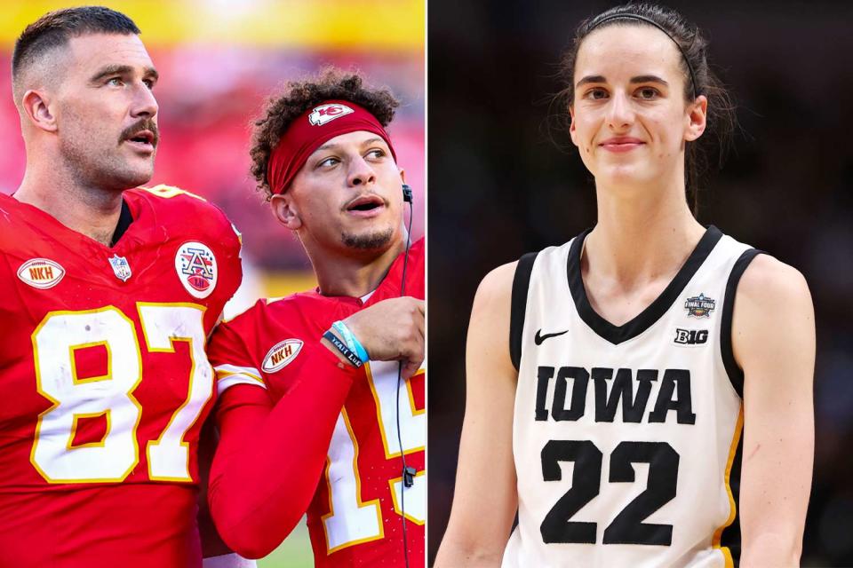 <p>Steve Sanders/Kansas City Chiefs via AP; Maddie Meyer/Getty</p> Travis Kelce and Patrick Mahomes (left), Caitlin Clark