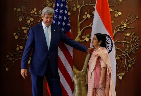 U.S. Secretary of State John Kerry (L) meets Indian Foreign Minister Sushma Swaraj before the start of their meeting in New Delh, India, August 30, 2016. REUTERS/Adnan Abidi