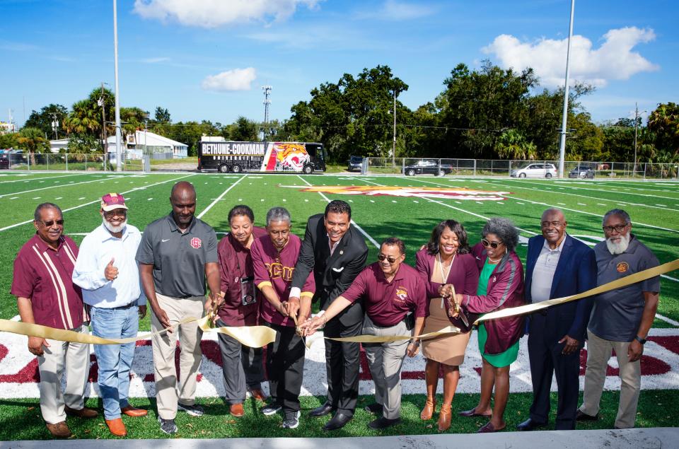 Bethune-Cookman cuts the ribbon on the new John L. Bryan Sr. Field during a ceremony, Friday, Oct. 13, 2023.