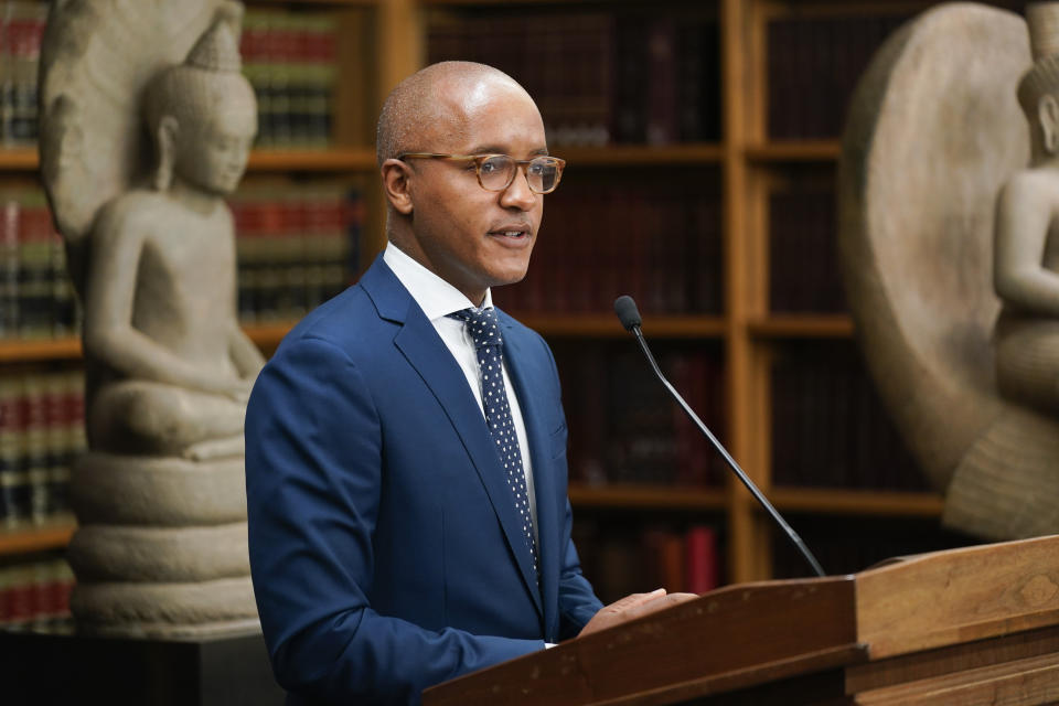 United States Attorney for the Southern District of New York Damian Williams speaks during a news conference in New York, Monday, Aug. 8, 2022. Williams and other officials were announcing the repatriation 30 antiquities to Cambodia that had been illegally trafficked. (AP Photo/Seth Wenig)