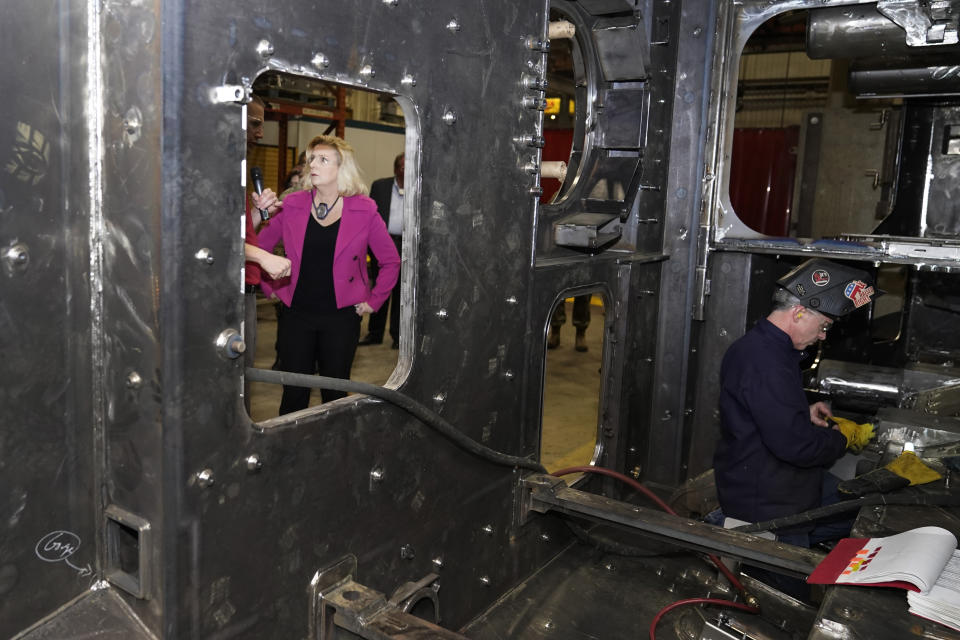Secretary of the Army Christine Wormuth tours the Joint Systems Manufacturing Center, Thursday, Feb. 16, 2023, in Lima, Ohio. (AP Photo/Carlos Osorio)