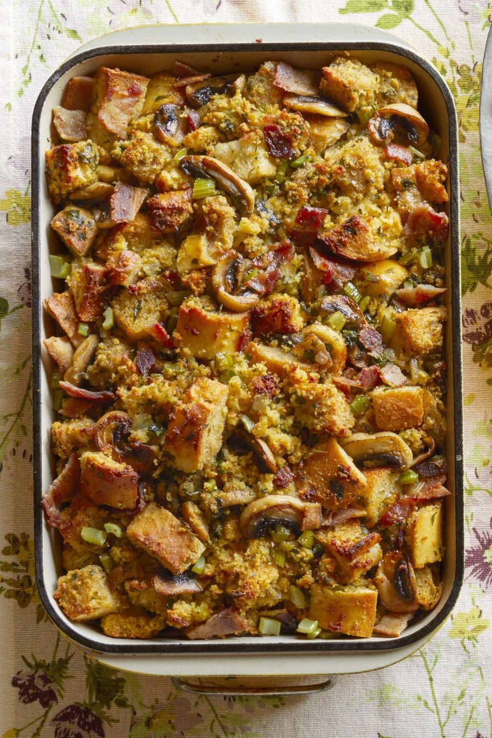 <p>Bacon in stuffing? Yes, please. This cornbread-based dish is loaded with it, in addition to fragrant parsley, rosemary, basil, and thyme.</p><p><strong><a href="https://www.thepioneerwoman.com/food-cooking/recipes/a33237974/cornbread-bacon-dressing-with-mushrooms-recipe/" rel="nofollow noopener" target="_blank" data-ylk="slk:Get the recipe.;elm:context_link;itc:0;sec:content-canvas" class="link ">Get the recipe.</a></strong> </p>