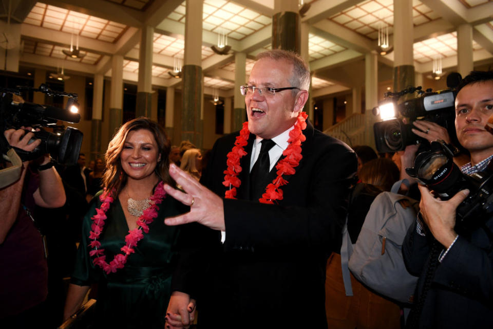 Prime Minister Scott Morrison and his wife Jenny Morrison attends the annual press gallery Midwinter Ball at Parliament House on September 18, 2019 in Canberra, Australia. (Photo by Tracey Nearmy/Getty Images)