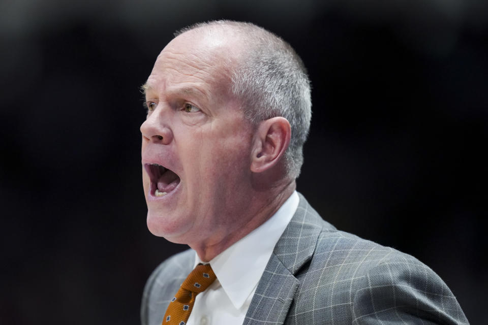Colorado head coach Tad Boyle works the sideline during the first half of a First Four game in the NCAA men's college basketball tournament against Boise State, Wednesday, March 20, 2024, in Dayton, Ohio. (AP Photo/Aaron Doster)
