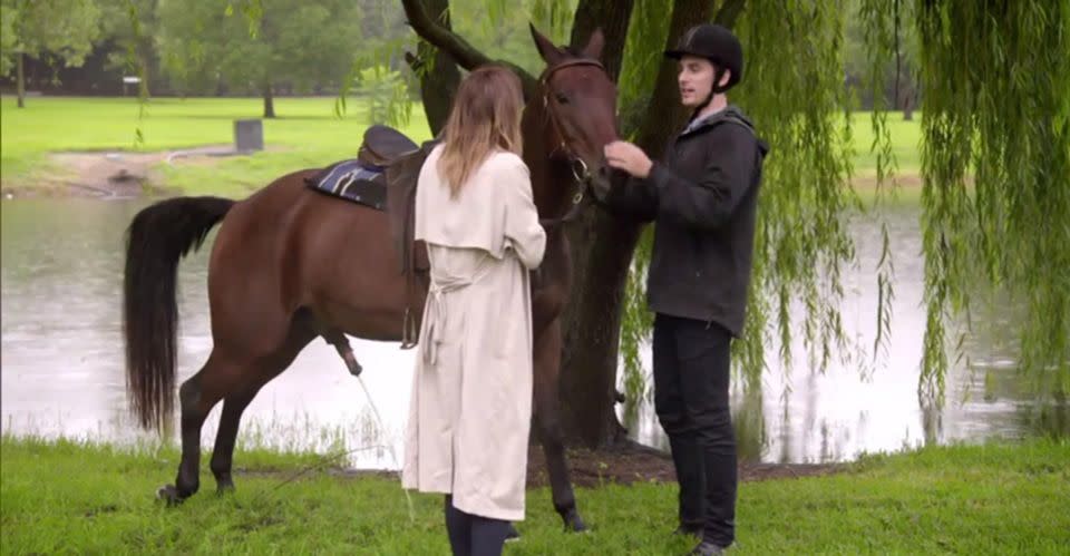 Their date stated off with some horse wee. How romantic! Source: Channel 10