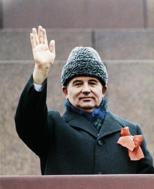 Former Soviet leader Mikhail Gorbachev waves during the 11th Congress of the Socialist Unity Party of Germany in Berlin in April 1986