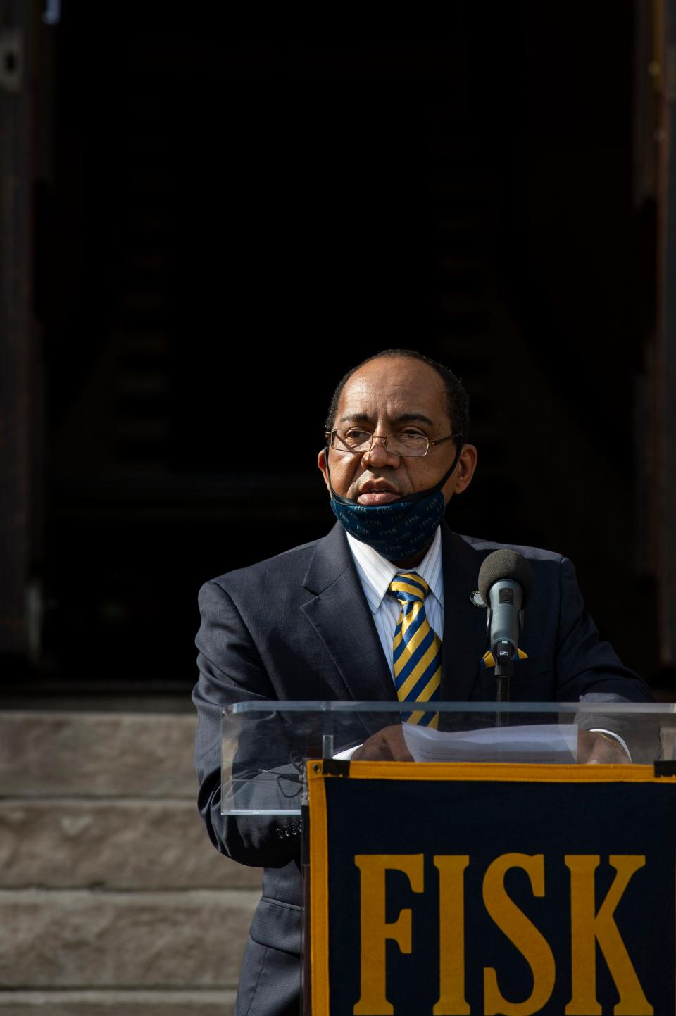 Fisk University President Vann Newkirk, Sr., speaks during a public celebration for the Fisk Jubilee Singers' Grammy Award at Fisk University on Thursday, April 8, 2021 in Nashville, Tenn. The Fisk Jubilee Singers won their first Grammy Award for Best Roots Gospel Album in the group's 150 years.