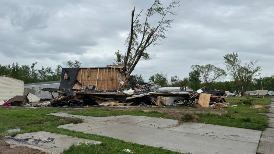 A mobile home that was destroyed at Pavilion Estates near Portage in the May 7, 2024, tornado. (May 9, 2024)